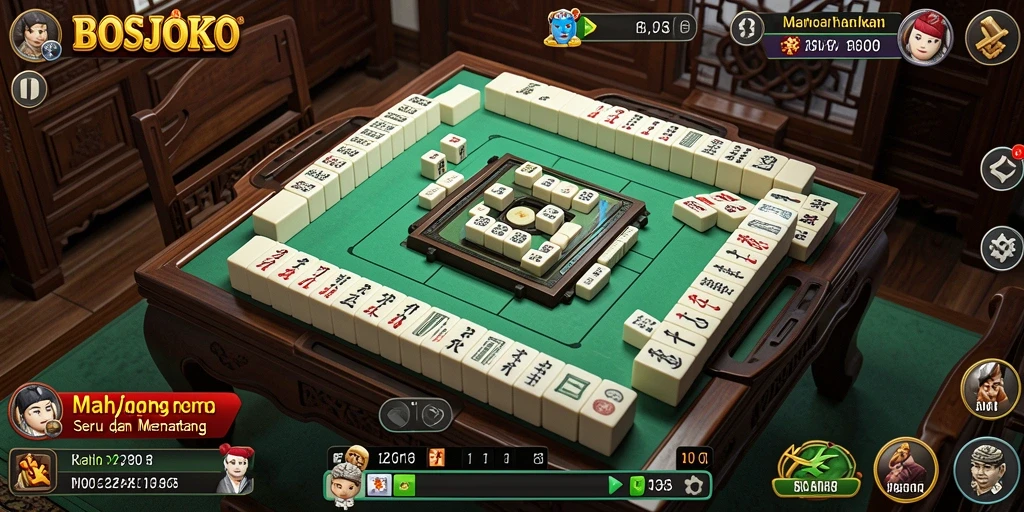 Tampilan gameplay seru dari BOSJOKO, menampilkan ubin Mahjong yang cerah.