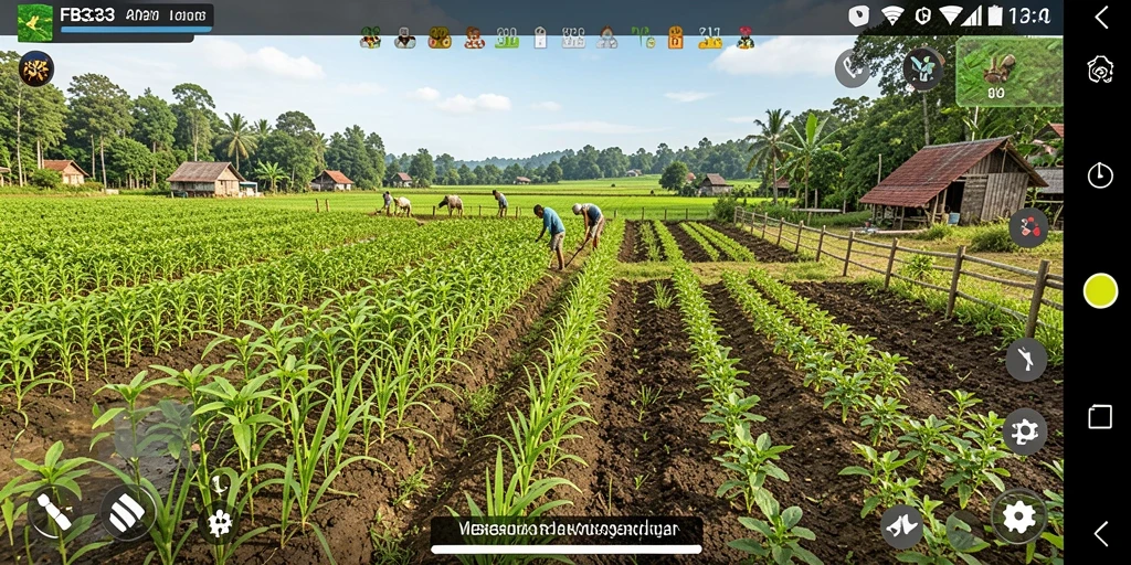 Gameplay FB333 menampilkan suasana pertanian yang indah dan aktivitas seru.