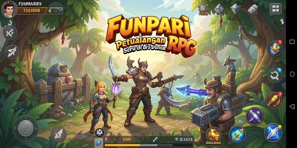 Screenshot gameplay <strong>FUNPARI</strong> menampilkan pertarungan epik antara karakter di dunia fantasi.