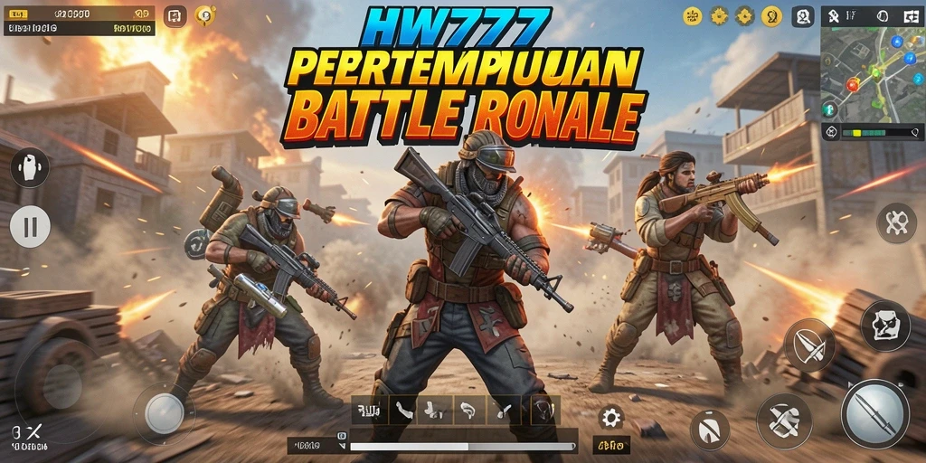 Screenshot utama HW777 menampilkan aksi pertempuran intens di arena Battle Royale.